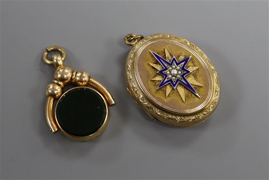 A Victorian yellow metal, seed pearl and enamel oval locket and a yellow metal, carnelian and bloodstone fob.